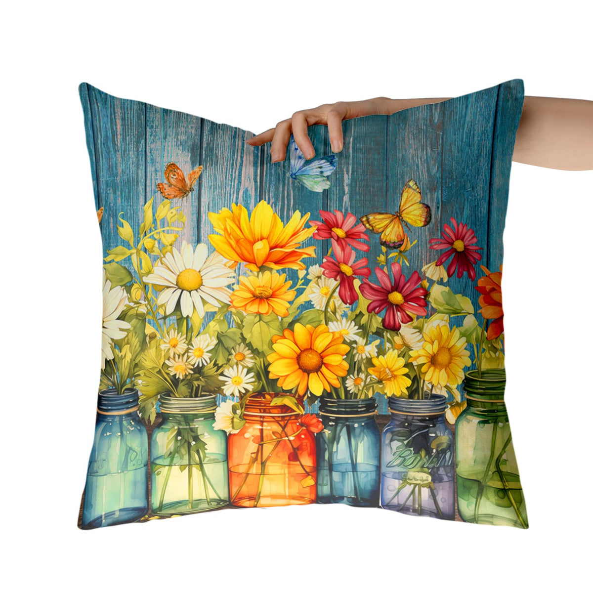 Daisy Vase Pillow Covers 18x18 Set of 2 Rustic Floral Sunflower Wood Board Decorative Throw Pillow Cases