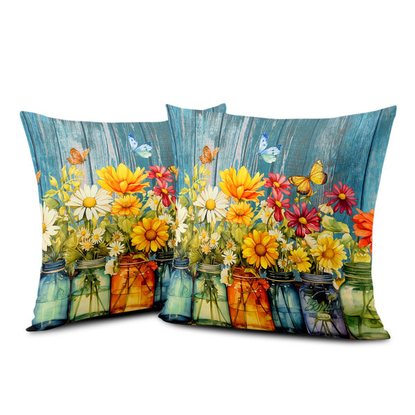 Daisy Vase Pillow Covers 18x18 Set of 2 Rustic Floral Sunflower Wood Board Decorative Throw Pillow Cases