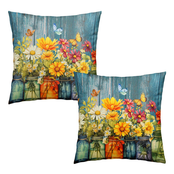 Daisy Vase Pillow Covers 18x18 Set of 2 Rustic Floral Sunflower Wood Board Decorative Throw Pillow Cases
