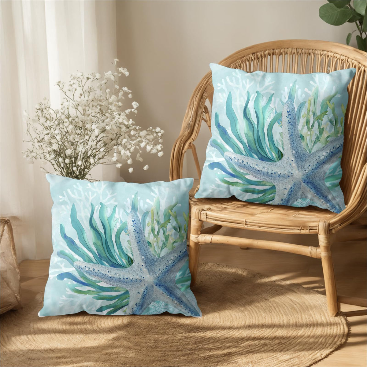 Coastal Nautical Starfish Pillow Covers 18x18 Set of 2 Ocean Coral Seagrass Summer Decorative Throw Pillow Cases