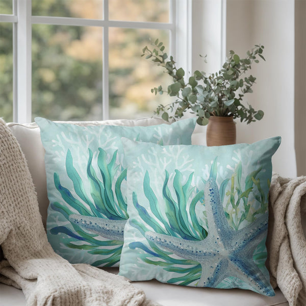 Coastal Nautical Starfish Pillow Covers 18x18 Set of 2 Ocean Coral Seagrass Summer Decorative Throw Pillow Cases