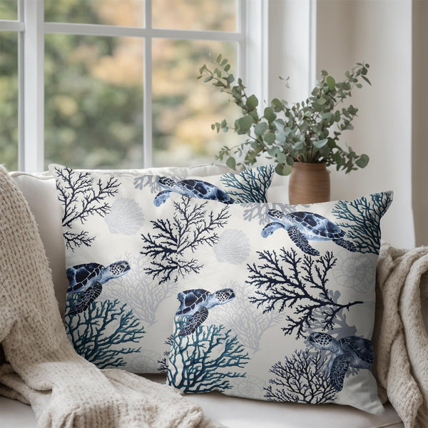 Nautical Coastal Outdoor Pillow Covers 18x18 Set of 2 Ocean Coral Sea Turtle Seashell Throw Pillow Covers