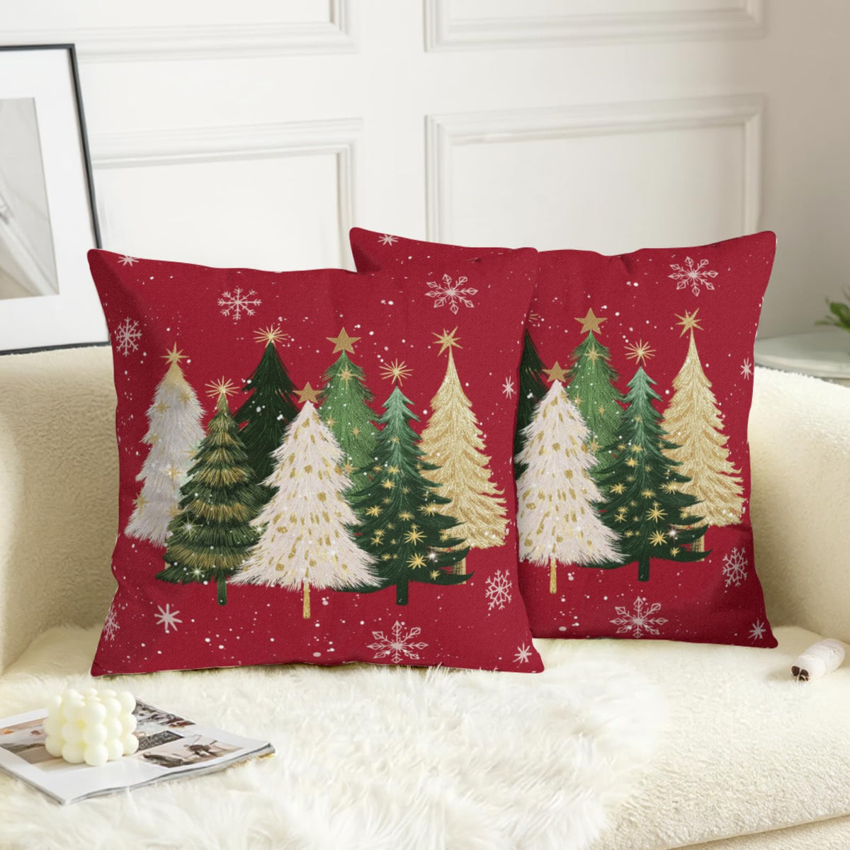 Red Christmas Decorative Pillow Covers 18x18 Set of 2 Watercolor Xmas Tree Snowflakes