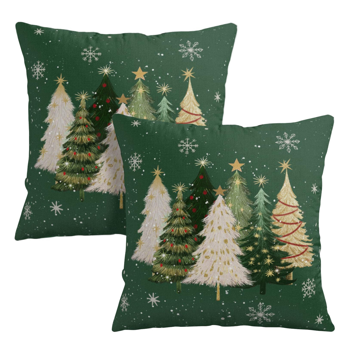 Green Christmas Outdoor Pillow Covers 18x18 Set of 2 White Gold Xmas Tree Snowflakes Pillow Case Rustic