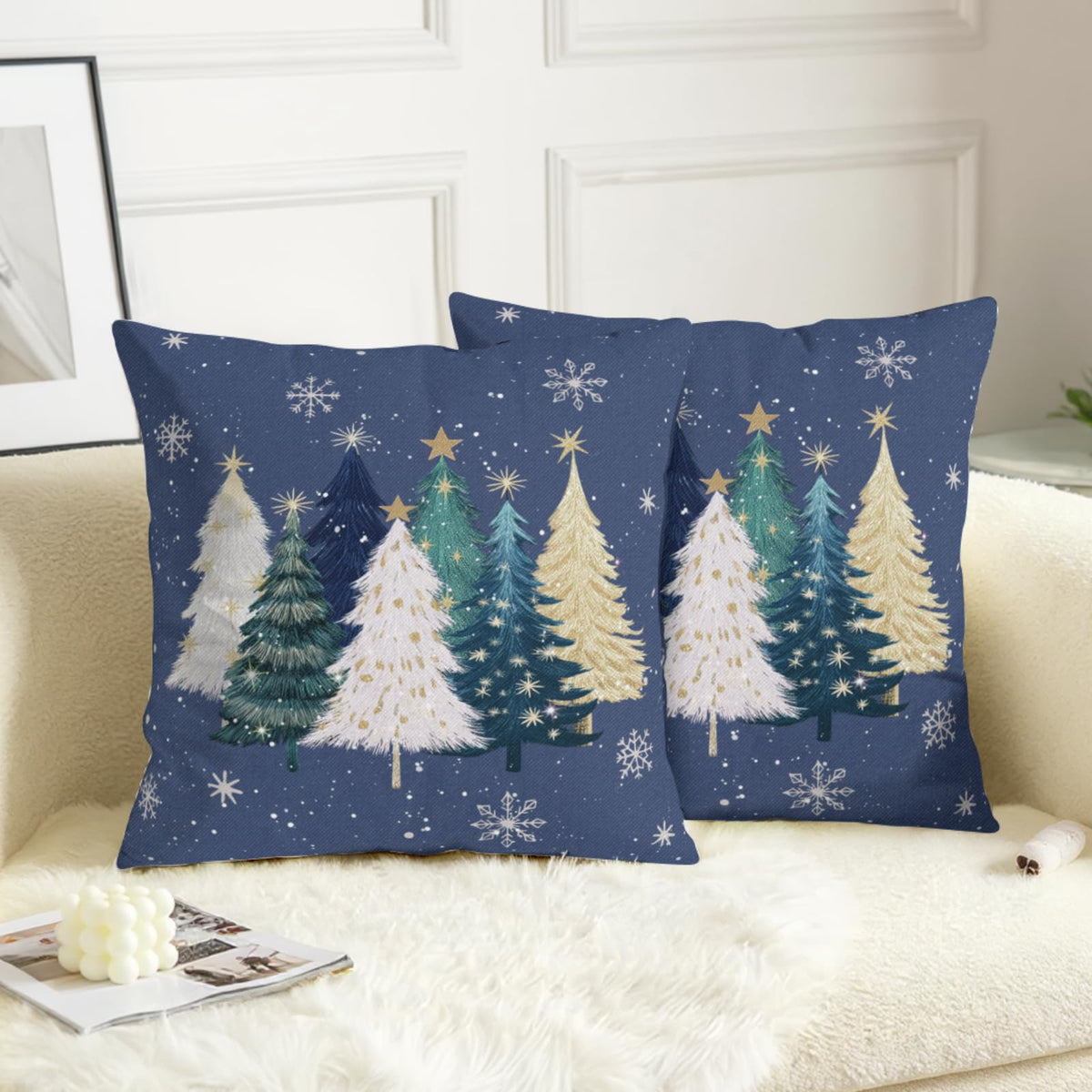 Blue Christmas Pillow Covers 18x18 Set of 2 Teal White Gold Xmas Tree Snowflakes Decorative