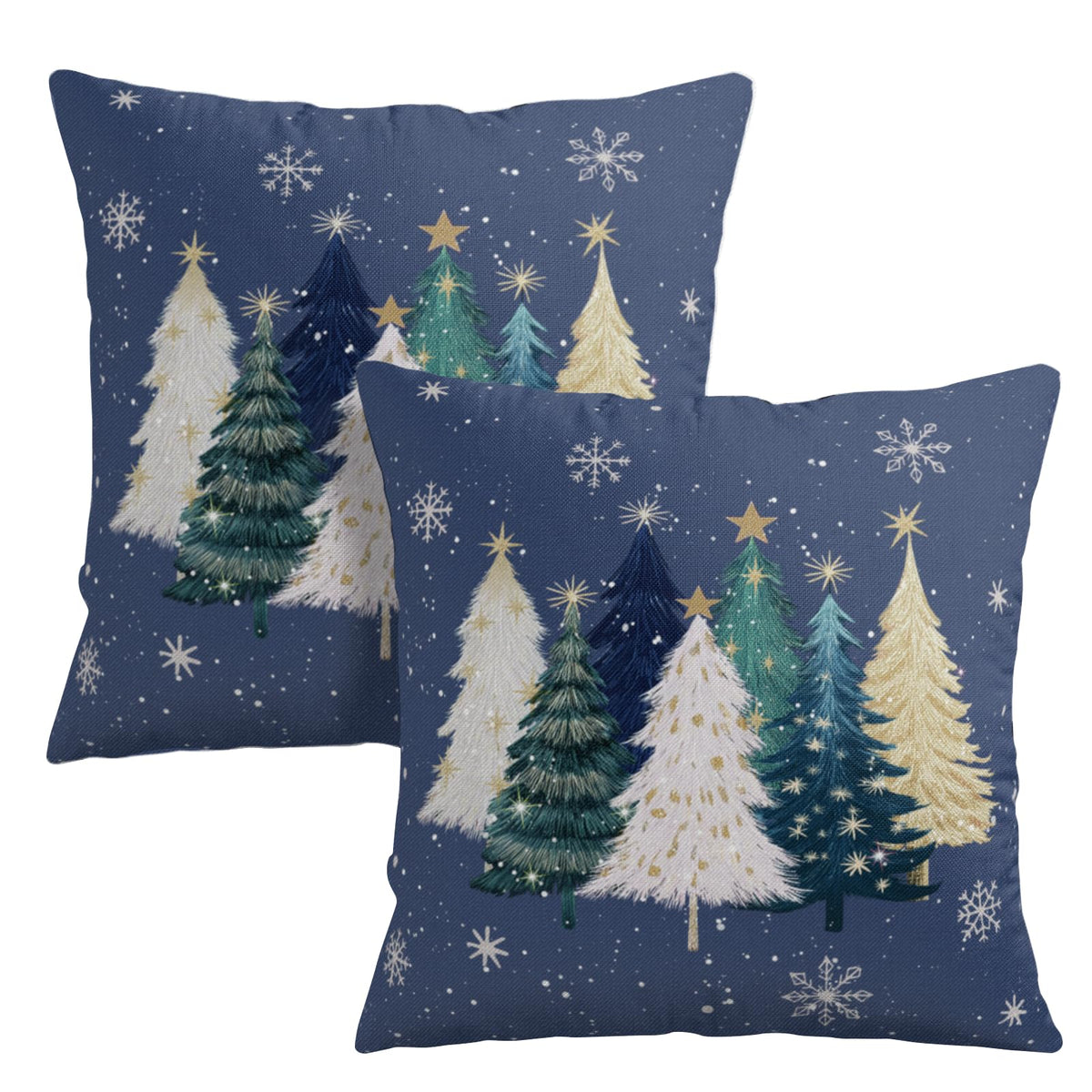 Blue Christmas Pillow Covers 18x18 Set of 2 Teal White Gold Xmas Tree Snowflakes Decorative