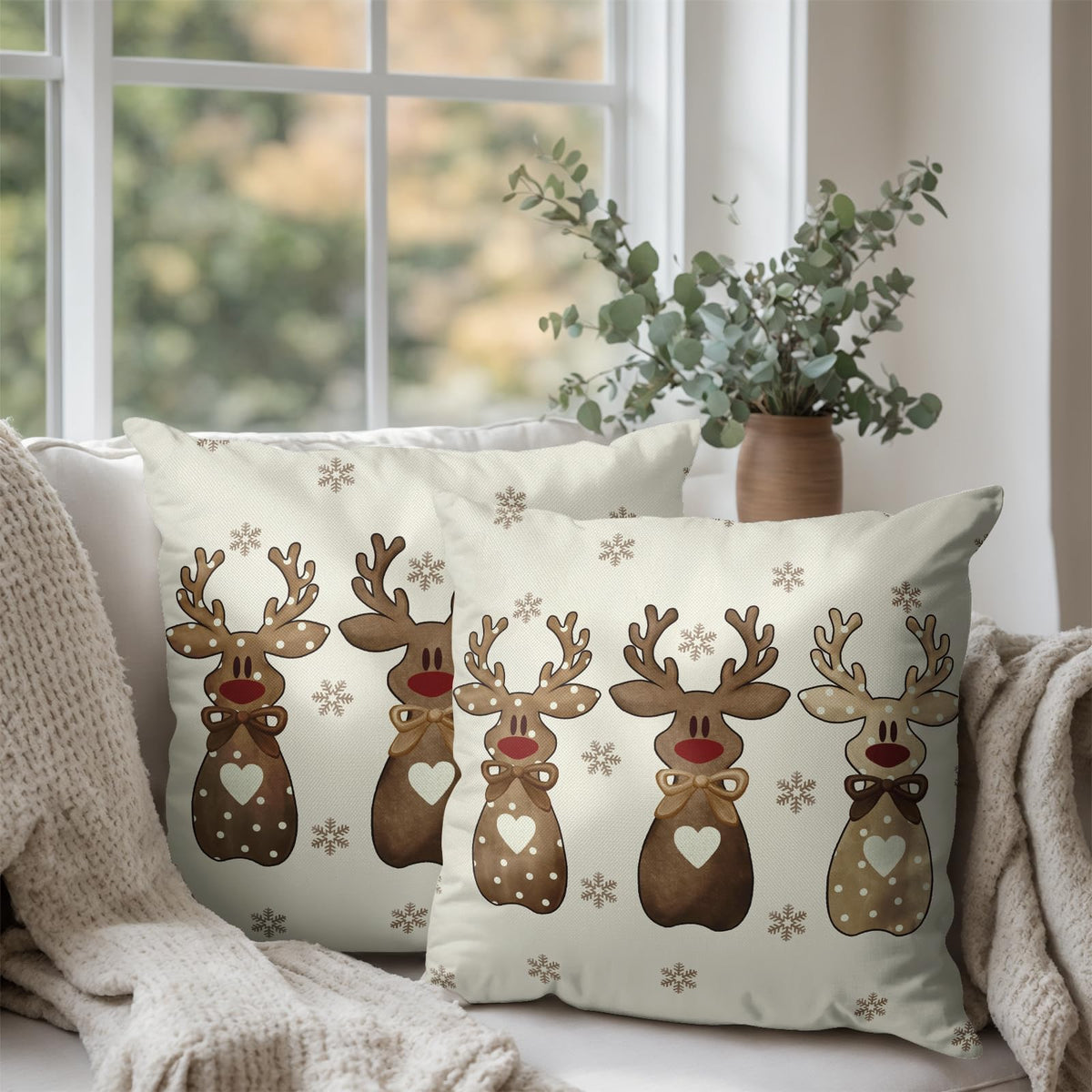 Christmas Reindeer Snowflakes Pillow Covers 18x18 Set of 2 Xmas Polka Dot Love Heart Bow Brown Elk Deer