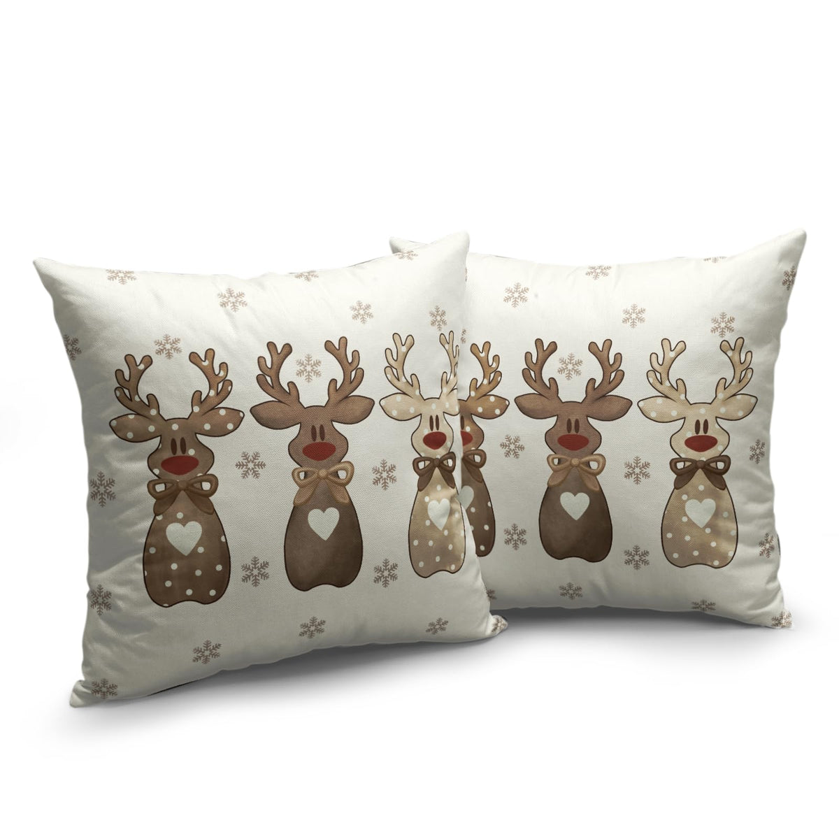 Christmas Reindeer Snowflakes Pillow Covers 18x18 Set of 2 Xmas Polka Dot Love Heart Bow Brown Elk Deer