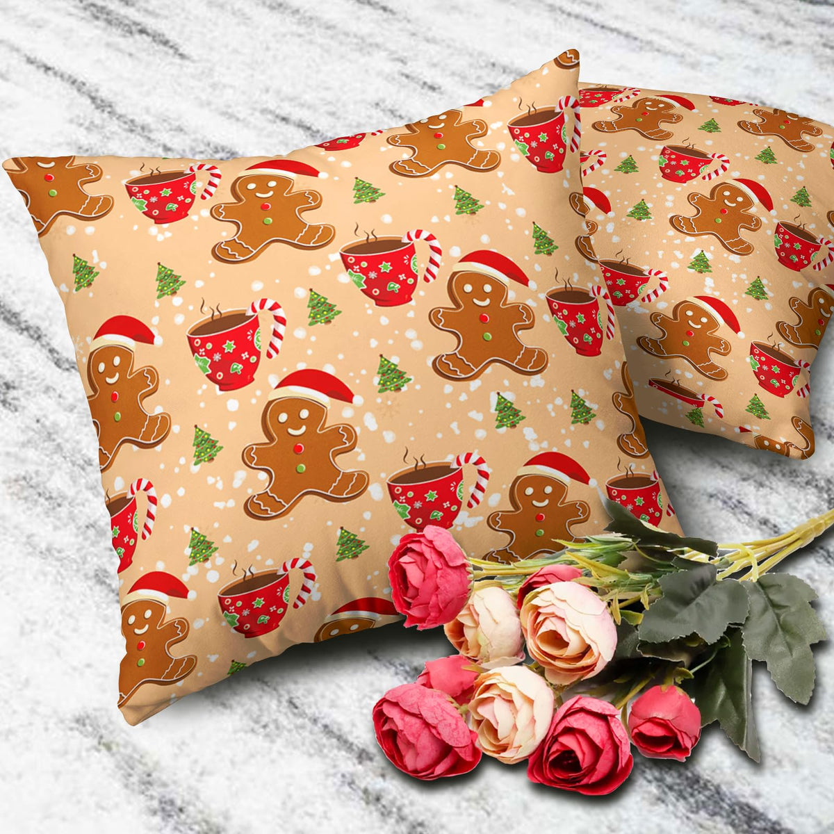Christmas Gingerbread Man Decorative Throw Pillow Covers 18x18 Set of 2 Cute Candy Cane Hot Cocoa Xmas Tree Print