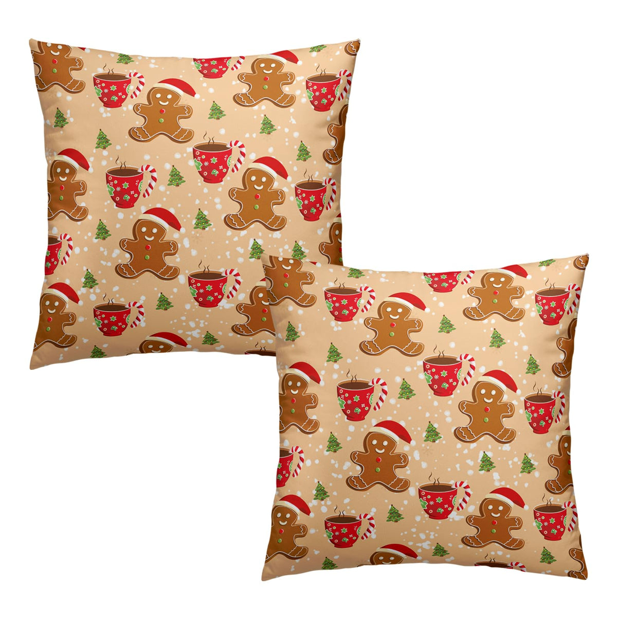 Christmas Gingerbread Man Decorative Throw Pillow Covers 18x18 Set of 2 Cute Candy Cane Hot Cocoa Xmas Tree Print