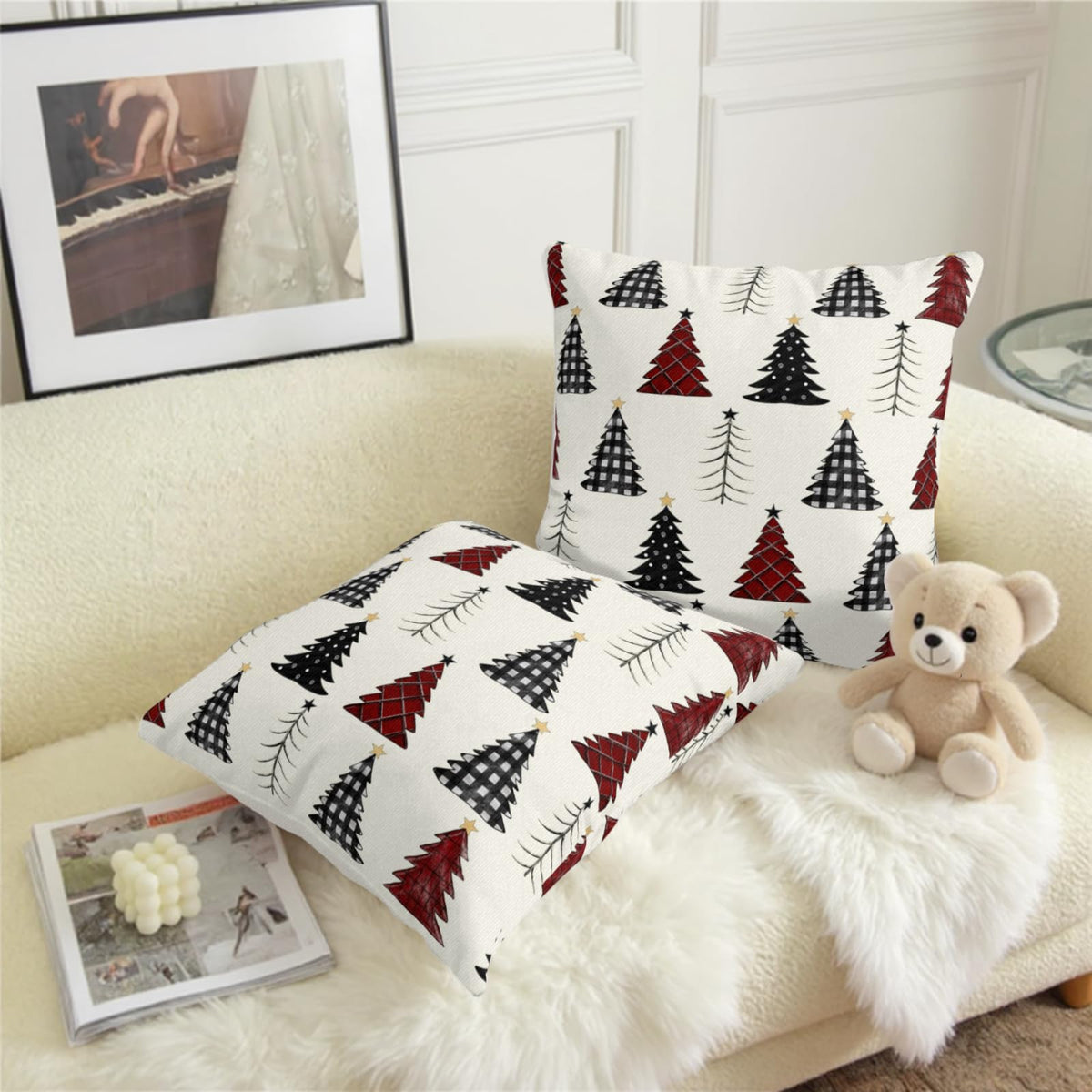 Buffalo Plaid Christmas Tree Pillow Covers 18x18 Set of 2 Red Black and White Xmas Decorative