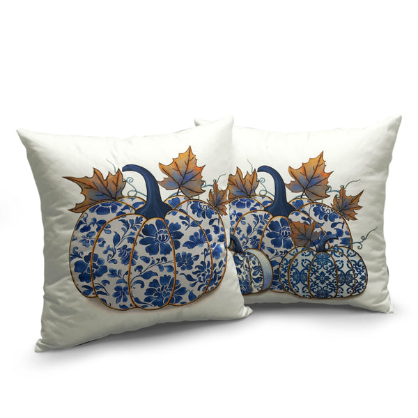 Fall Chinoiserie Pillow Covers 18x18 Set of 2 Blue and White Porcelain Pumpkin Leaf Flowers Autumn