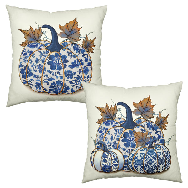 Fall Chinoiserie Pillow Covers 18x18 Set of 2 Blue and White Porcelain Pumpkin Leaf Flowers Autumn
