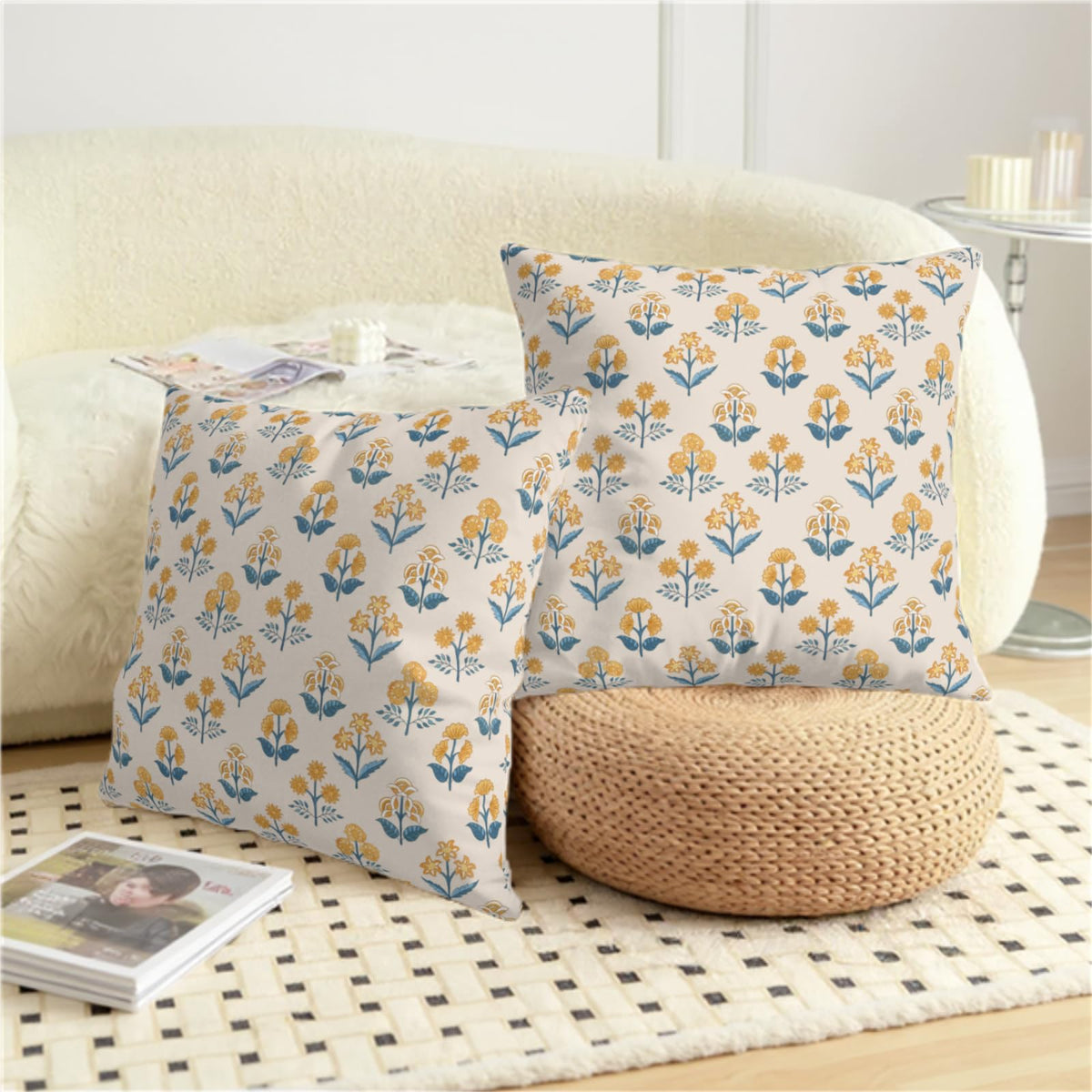 Blue Yellow Block Print Pillow Covers 18x18 Set of 2 Vintage Boho Floral Throw Pillows Case Fall Rustic