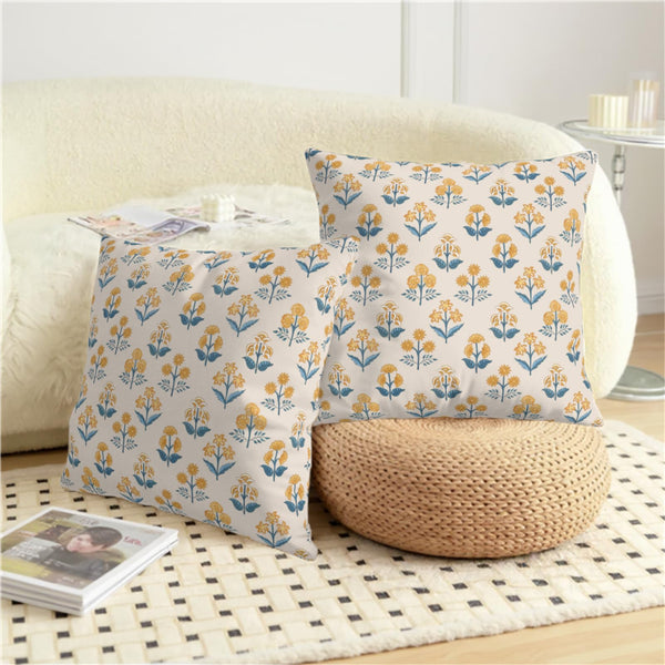 Blue Yellow Block Print Pillow Covers 18x18 Set of 2 Vintage Boho Floral Throw Pillows Case Fall Rustic