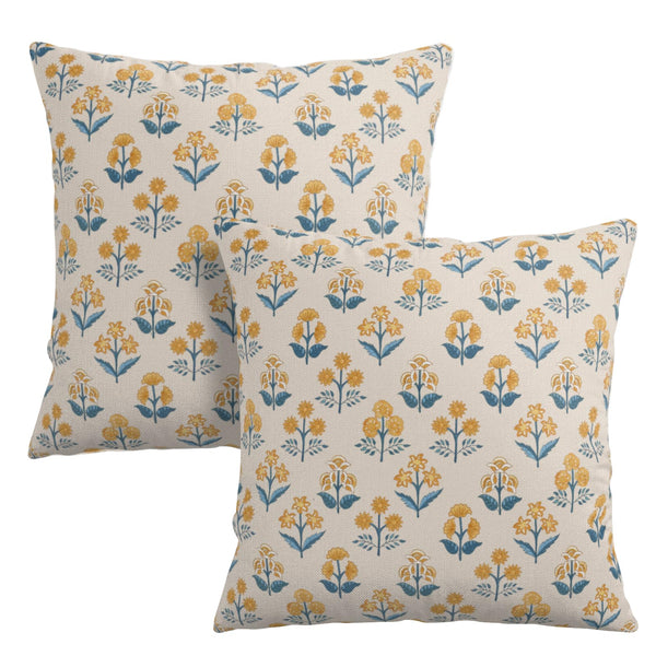 Blue Yellow Block Print Pillow Covers 18x18 Set of 2 Vintage Boho Floral Throw Pillows Case Fall Rustic