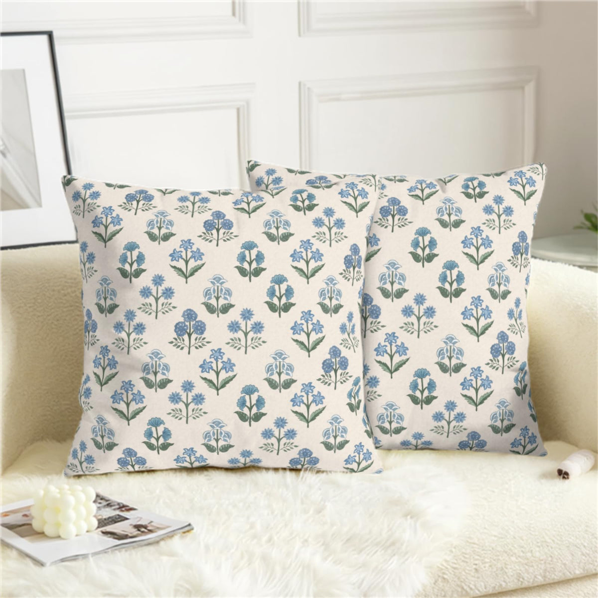 Waterproof Floral Pillow Covers 18x18 Set of 2 Blue Green Block Print Throw Pillow Cases Vintage Flower Pillowcases