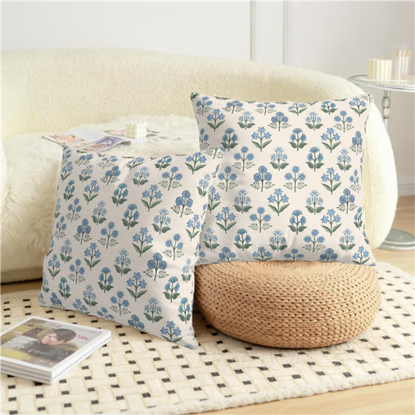 Waterproof Floral Pillow Covers 18x18 Set of 2 Blue Green Block Print Throw Pillow Cases Vintage Flower Pillowcases