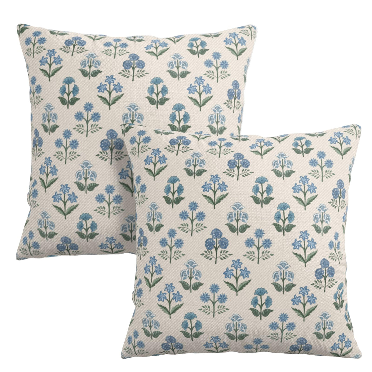 Waterproof Floral Pillow Covers 18x18 Set of 2 Blue Green Block Print Throw Pillow Cases Vintage Flower Pillowcases