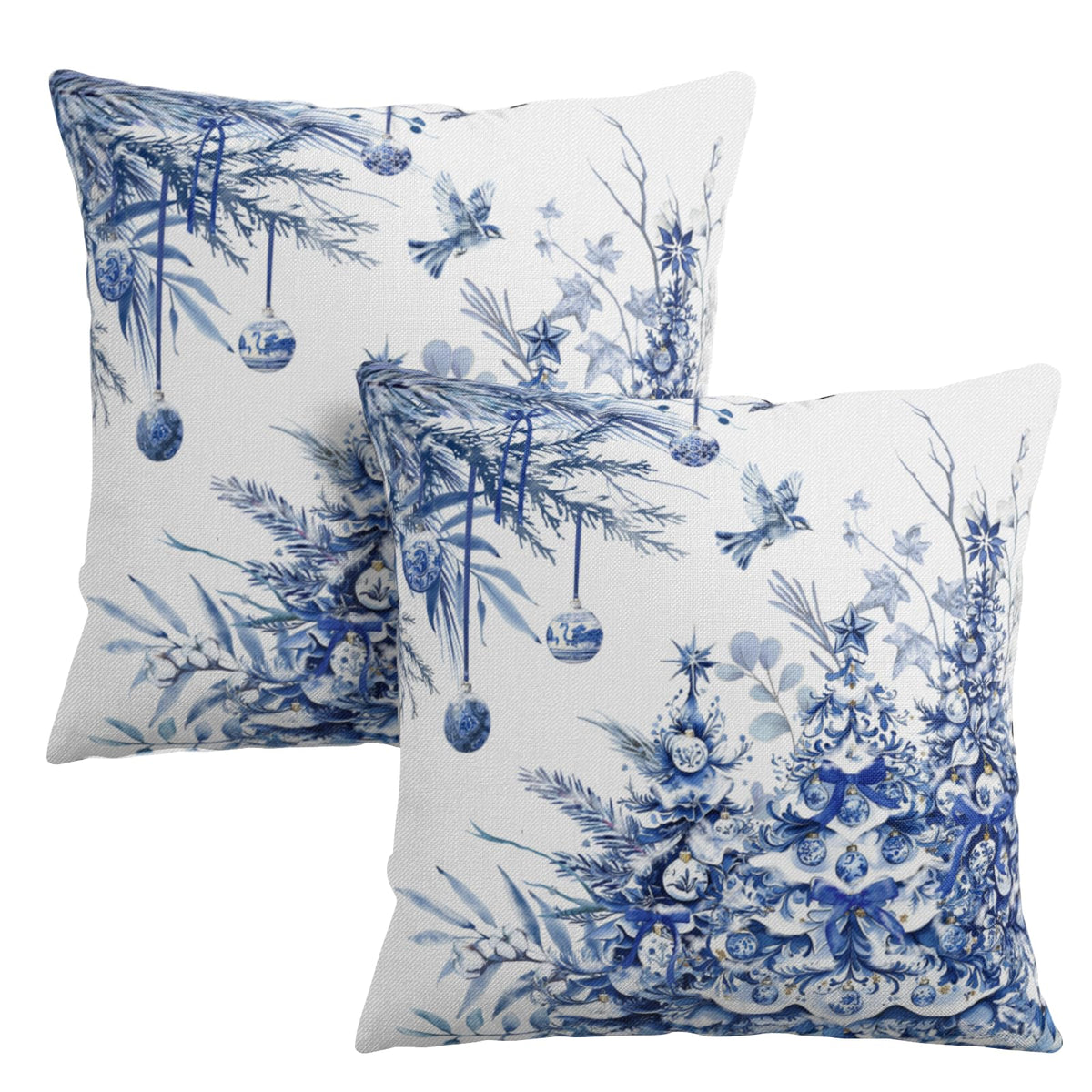 Christmas Tree Pillow Covers 18x18 Set of 2 Winter Blue White Chinoiserie Christmas Decorative