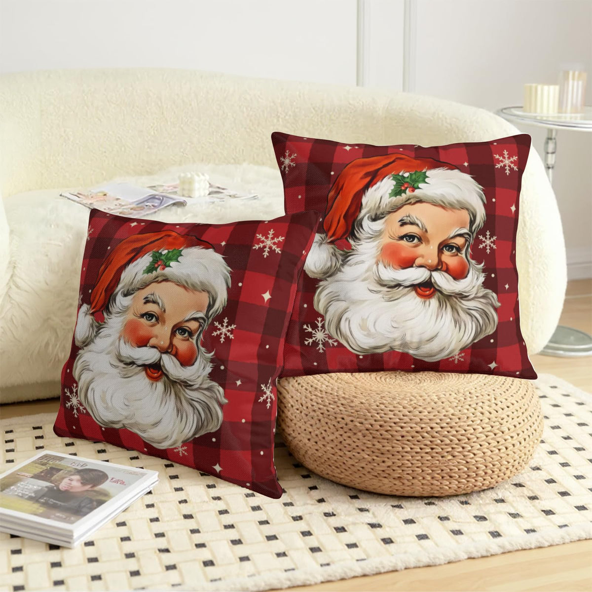 Santa Claus Christmas Pillow Covers 18x18 Set of 2 Red and Black Buffalo Plaid Xmas Snowflakes