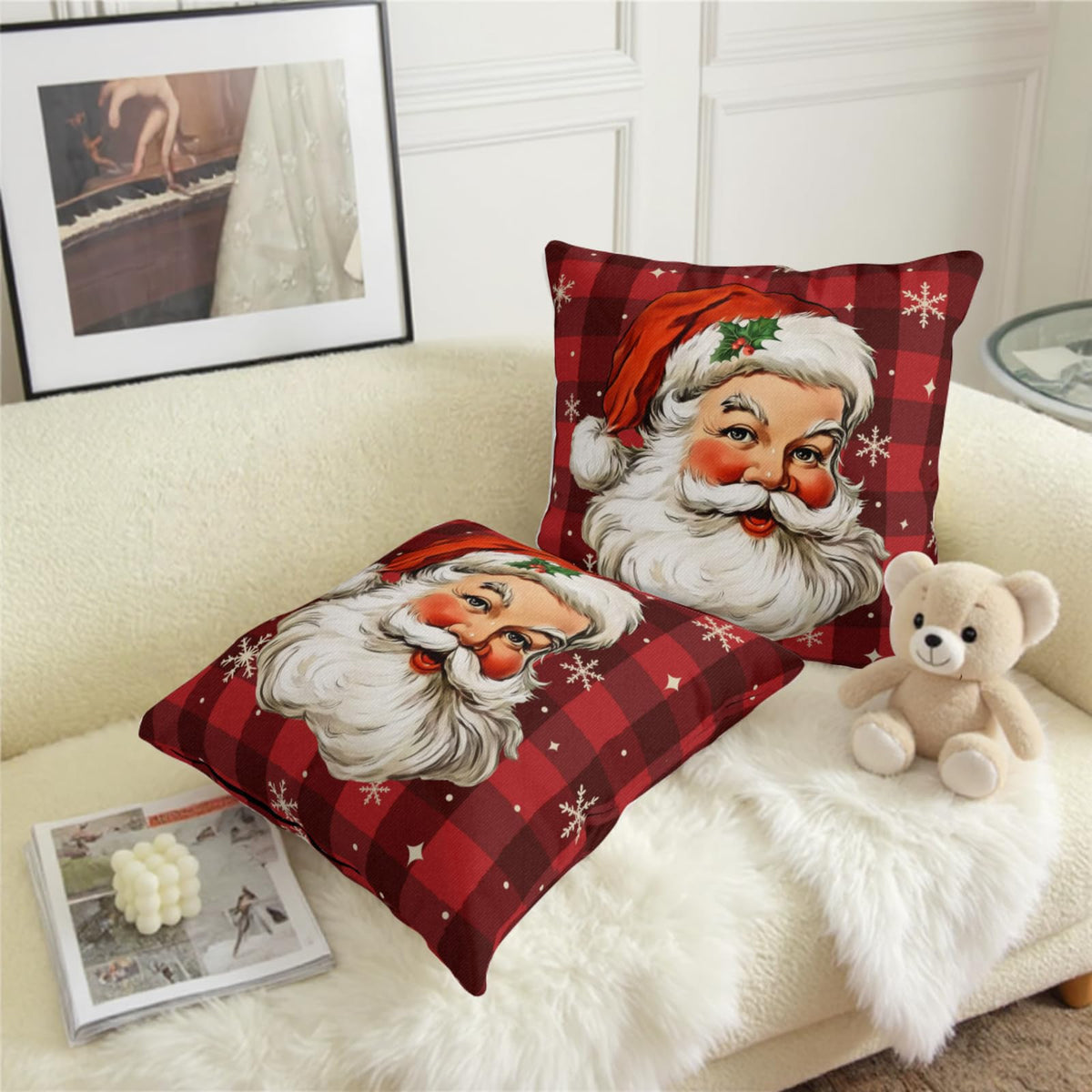 Santa Claus Christmas Pillow Covers 18x18 Set of 2 Red and Black Buffalo Plaid Xmas Snowflakes