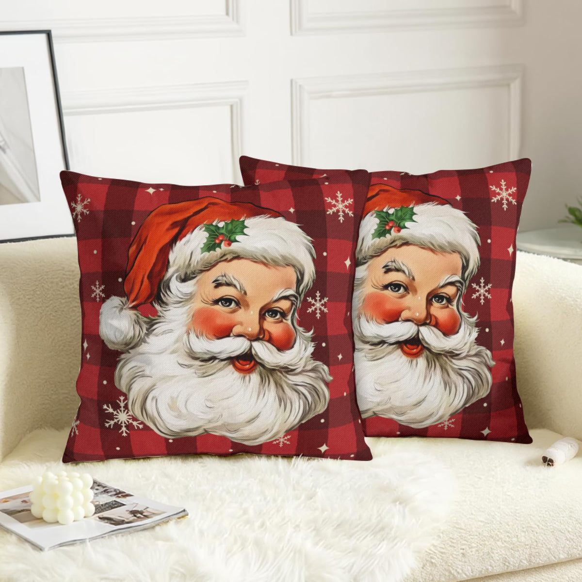 Santa Claus Christmas Pillow Covers 18x18 Set of 2 Red and Black Buffalo Plaid Xmas Snowflakes