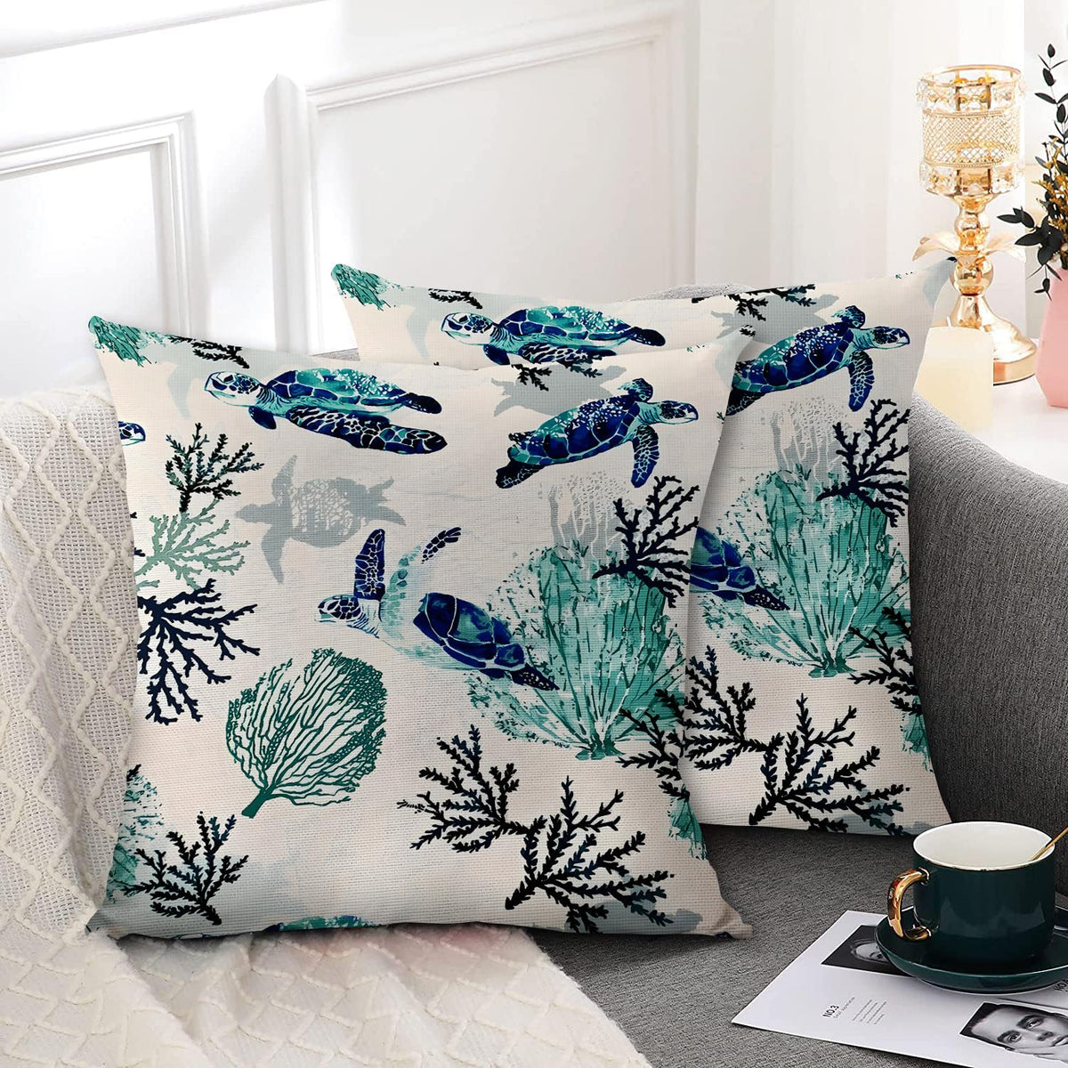 Coastal Turtle Pillow Covers 18 x 18 Inch Set of 2 Green Coral Sea Nautical Decorative Throw Pillows Beach Ocean Themed
