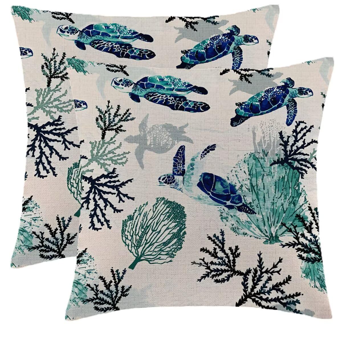 Coastal Turtle Pillow Covers 18 x 18 Inch Set of 2 Green Coral Sea Nautical Decorative Throw Pillows Beach Ocean Themed