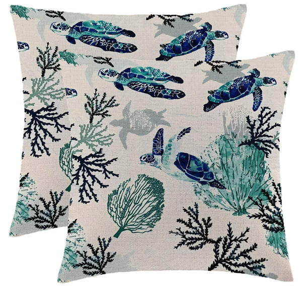 Coastal Turtle Pillow Covers 18 x 18 Inch Set of 2 Green Coral Sea Nautical Decorative Throw Pillows Beach Ocean Themed
