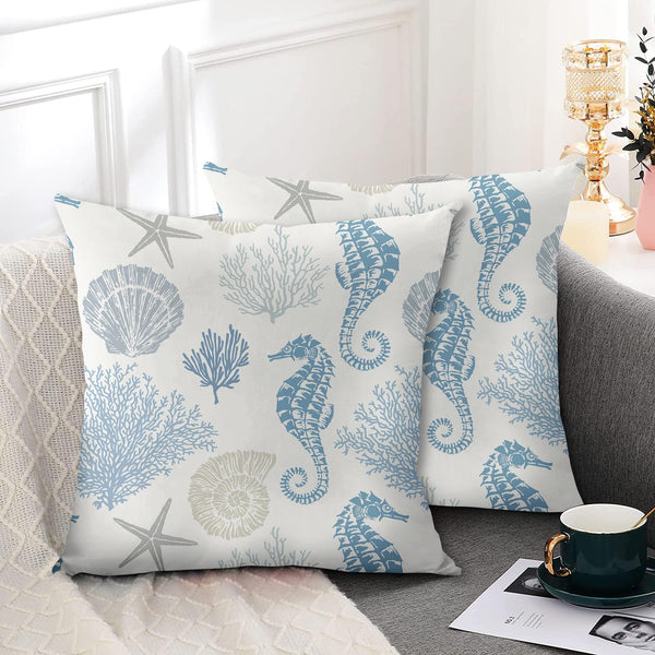 Coastal Throw Pillow Covers 18 x 18 Inch Set of 2 Summer Ocean Themed Pillow Covers Beach Seashell Starfish Seahorse