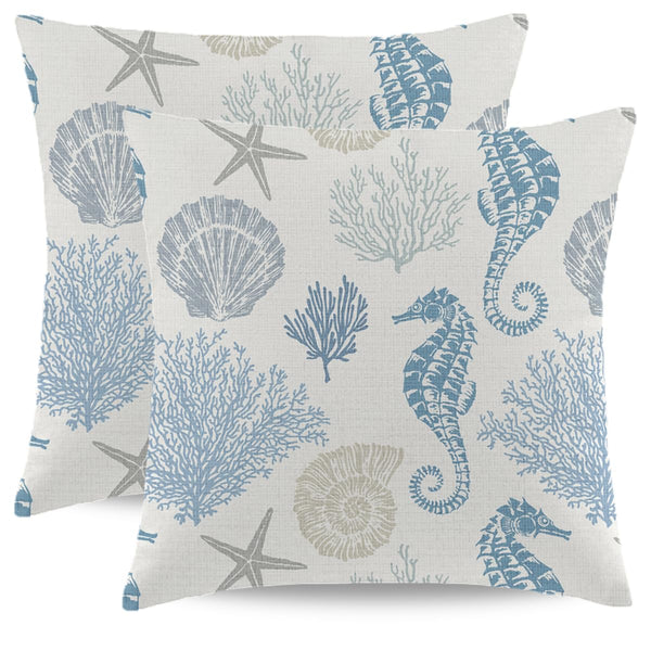 Coastal Throw Pillow Covers 18 x 18 Inch Set of 2 Summer Ocean Themed Pillow Covers Beach Seashell Starfish Seahorse