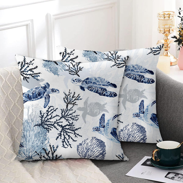 Coastal Turtle Pillow Covers 18 x 18 Inch Set of 2 Blue Coral Sea Nautical Decorative
