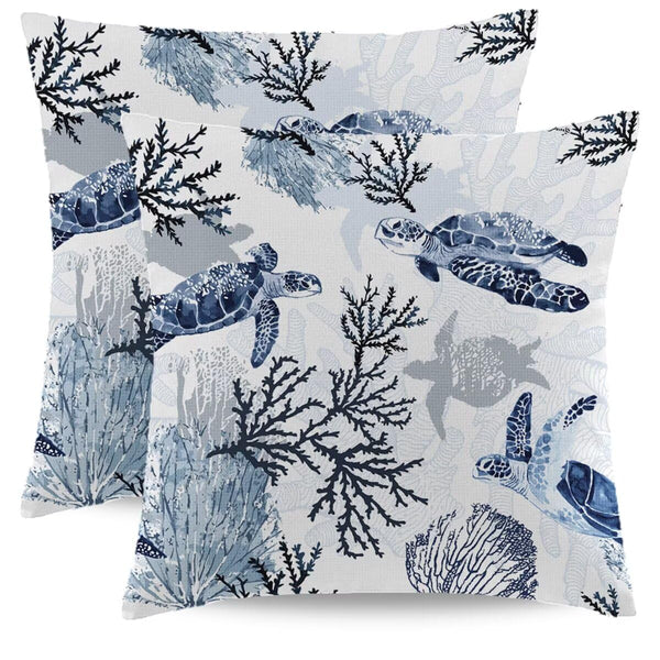 Coastal Turtle Pillow Covers 18 x 18 Inch Set of 2 Blue Coral Sea Nautical Decorative