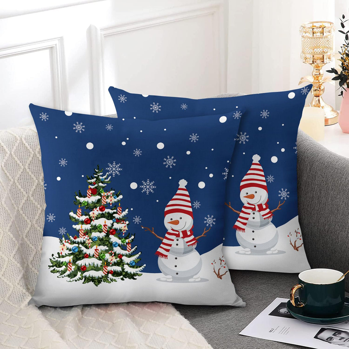 Navy Blue Christmas Pillow Covers 18x18 Set of 2 Farmhouse Snowman Snowflake