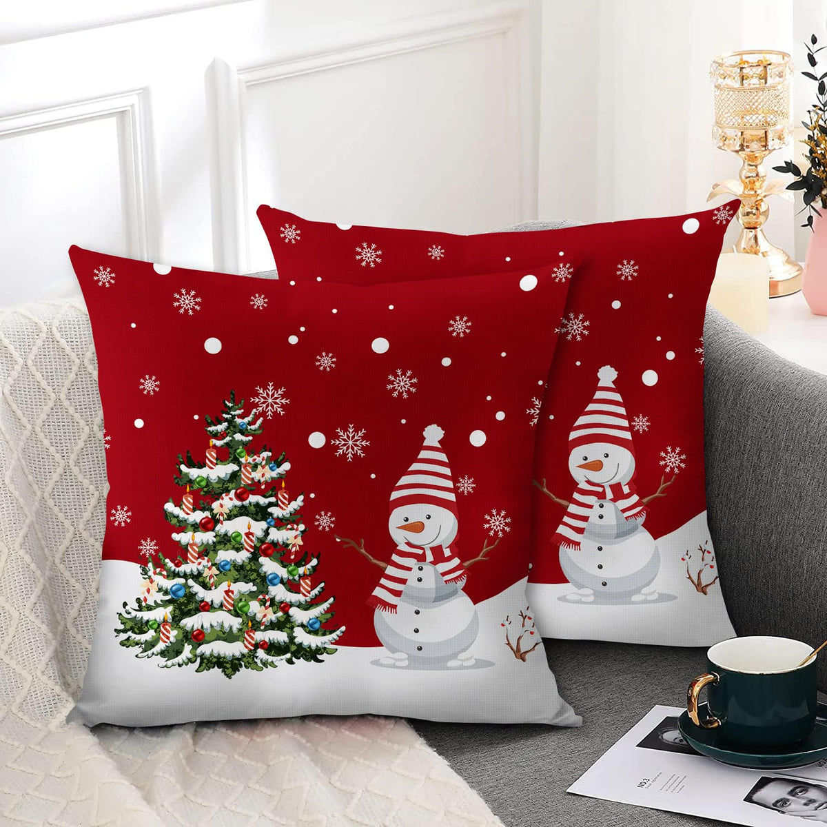 Red Christmas Pillow Covers 18x18 Set of 2 Farmhouse Snowman Snowflake Xmas Tree Decorative