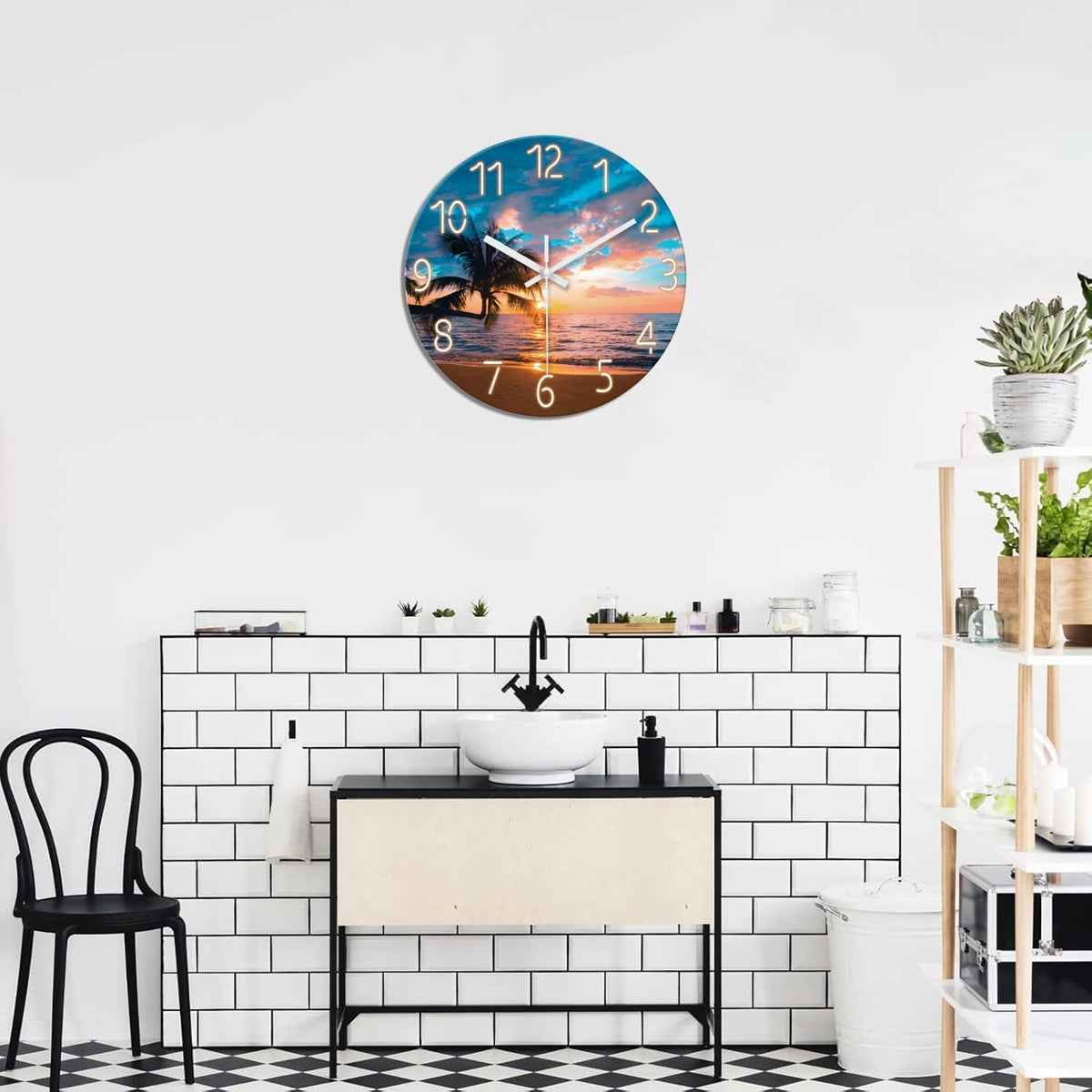 Blue Nautical Beach Wall Clocks Battery Operated Palm Tree Wall Clocks for Living Room 12 Inch