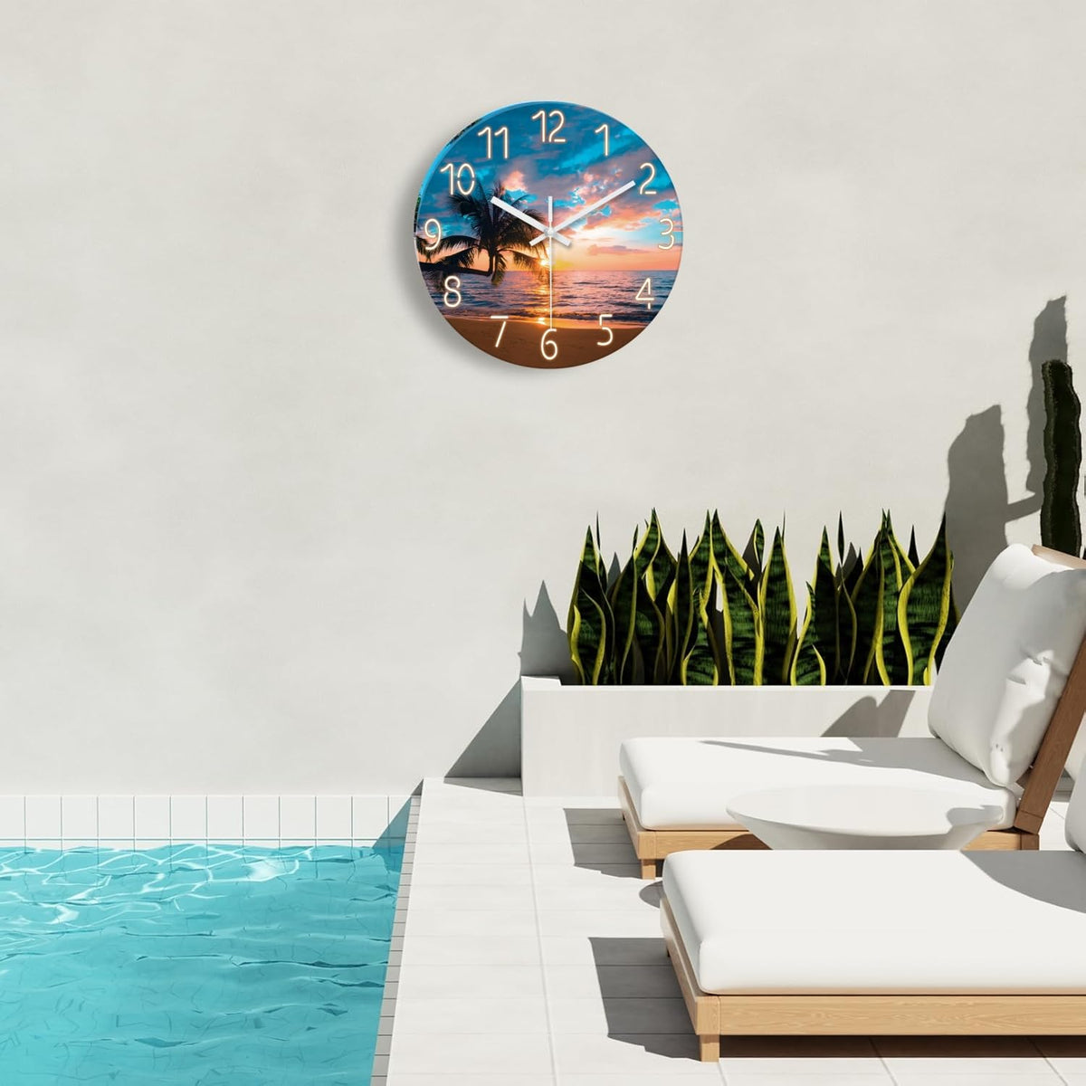 Blue Nautical Beach Wall Clocks Battery Operated Palm Tree Wall Clocks for Living Room 12 Inch