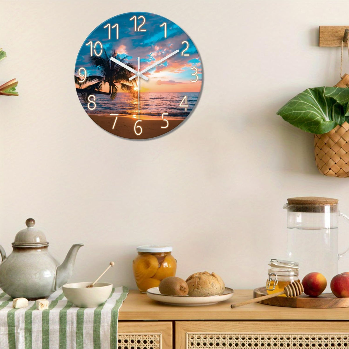 Blue Nautical Beach Wall Clocks Battery Operated Palm Tree Wall Clocks for Living Room 12 Inch