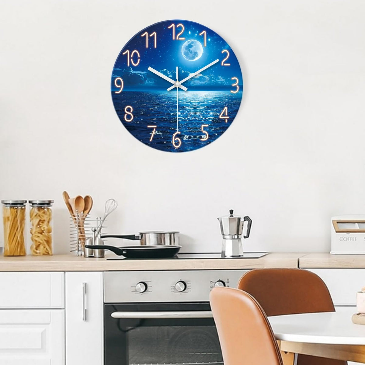 Blue Wall Clock 12 Inch Moon Wall Clocks Battery Operated Silent Non Ticking Modern