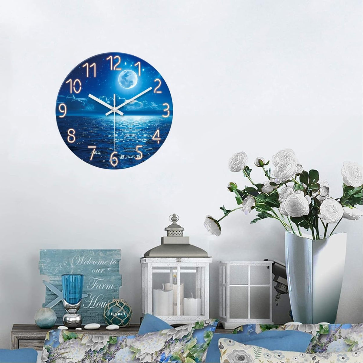 Blue Wall Clock 12 Inch Moon Wall Clocks Battery Operated Silent Non Ticking Modern