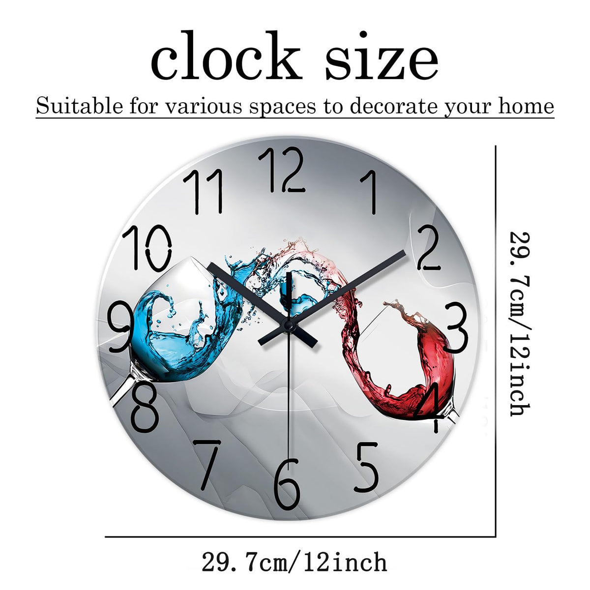 Wall Clock Silent Non-Ticking Battery Operated Dining Room Clocks 12 Inch Blue & Red Wine Cups