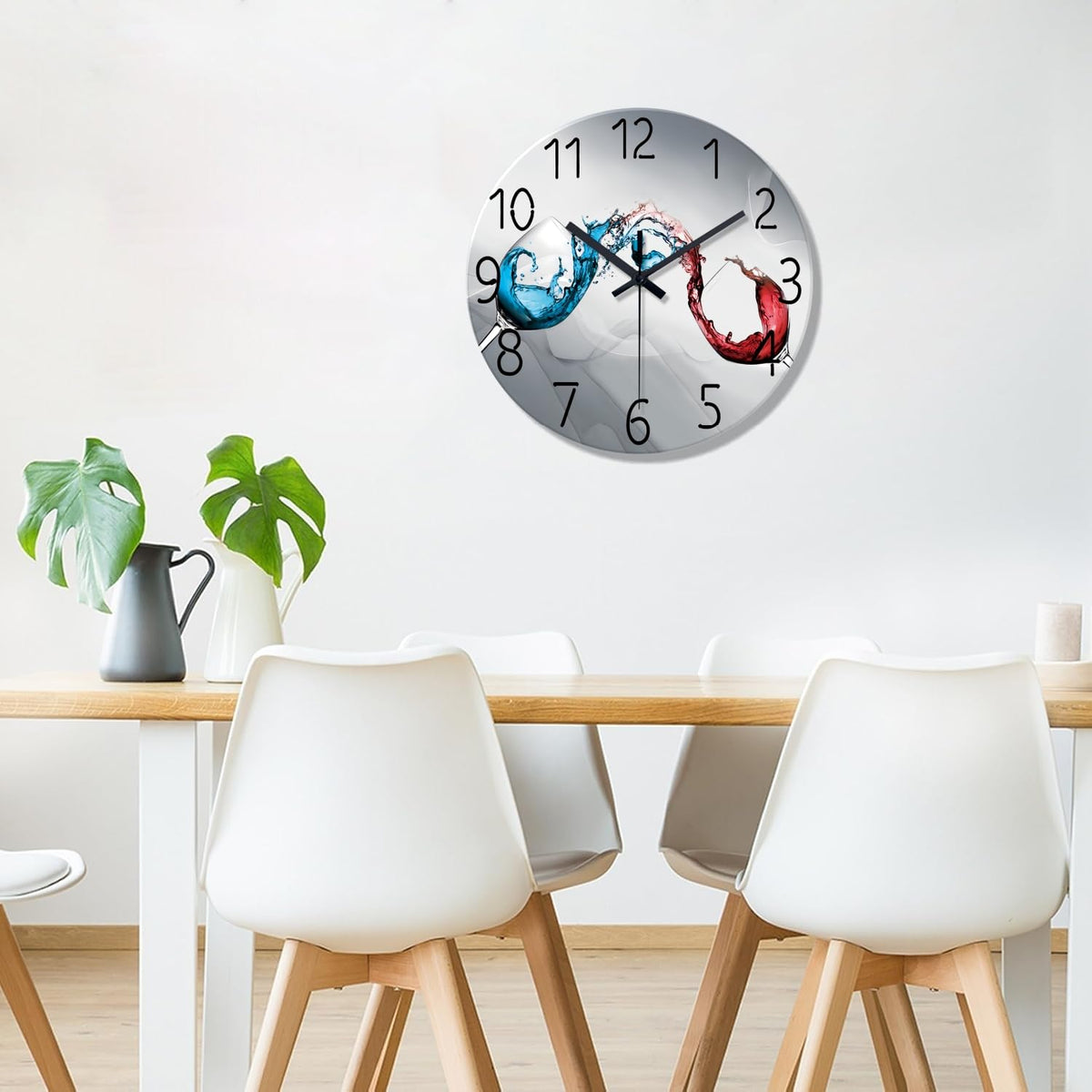 Wall Clock Silent Non-Ticking Battery Operated Dining Room Clocks 12 Inch Blue & Red Wine Cups