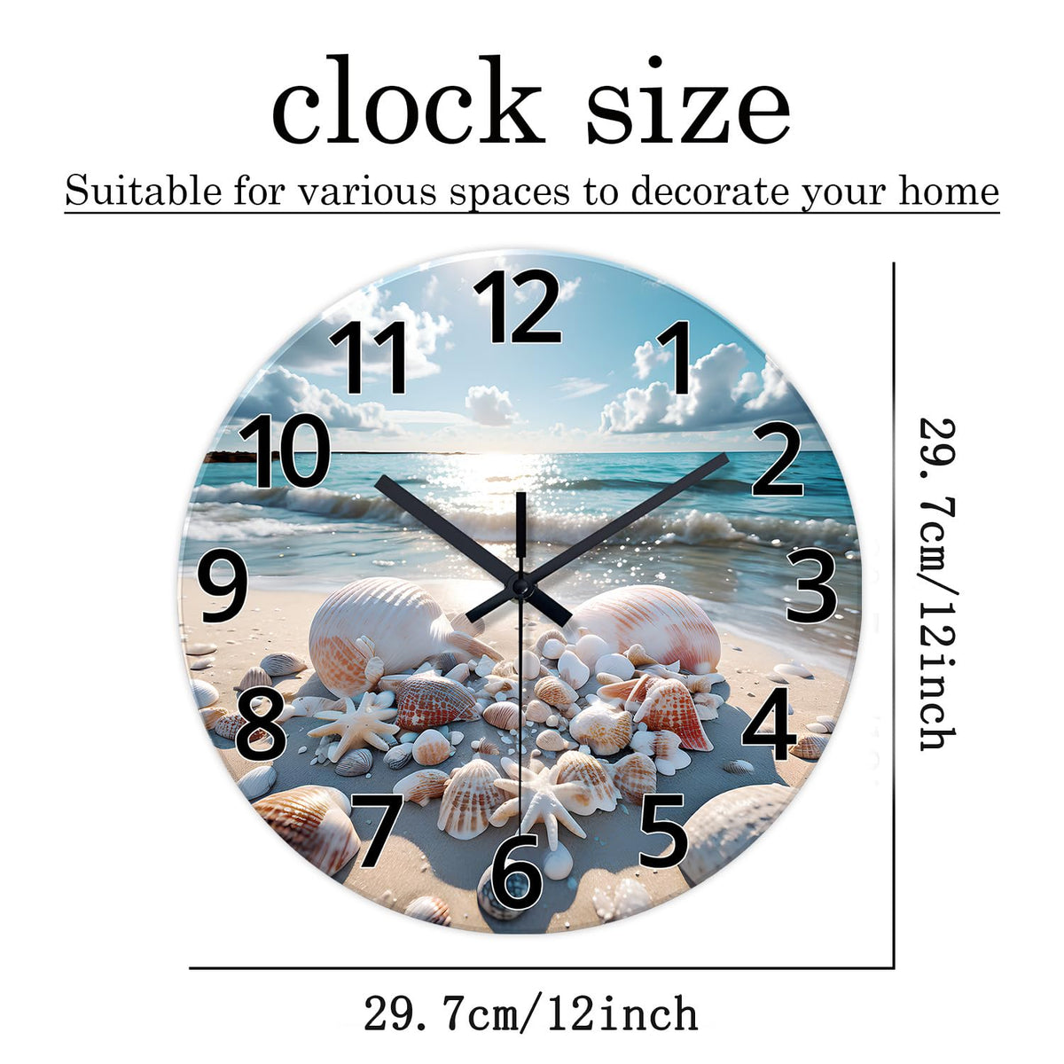 Analog Blue Beach Wall Clocks for Living Room Coastal Sea Shell Wall Clocks Battery Operated 12 Inch