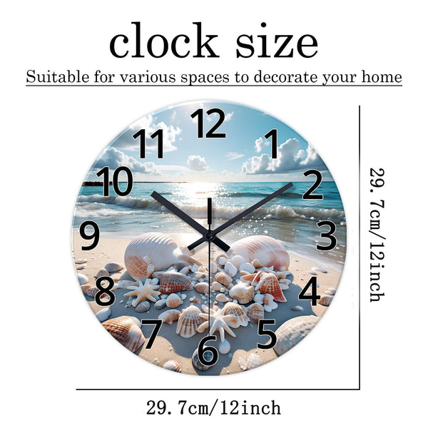 Analog Blue Beach Wall Clocks for Living Room Coastal Sea Shell Wall Clocks Battery Operated 12 Inch