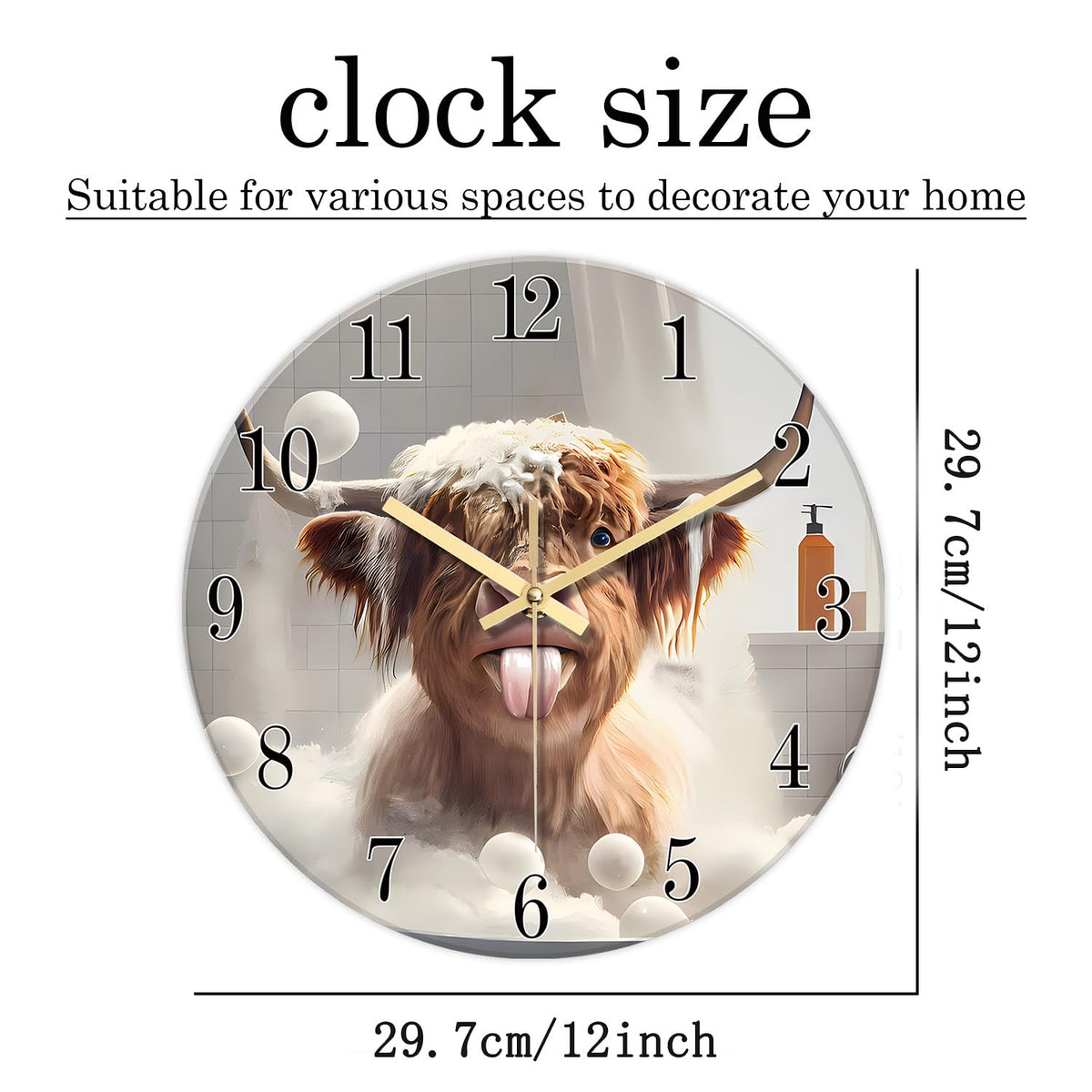 Rustic Brown Glass Wall Clocks Battery Operated 12 Inch Highland Cow Clock