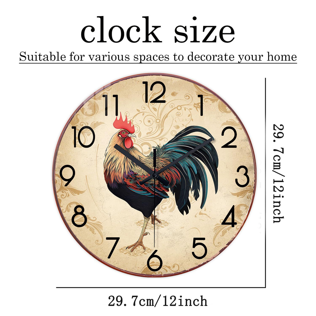 Round Rustic Wall Clocks for Kitchen Living Room Decor 12 Inch Glass Rooster Clock