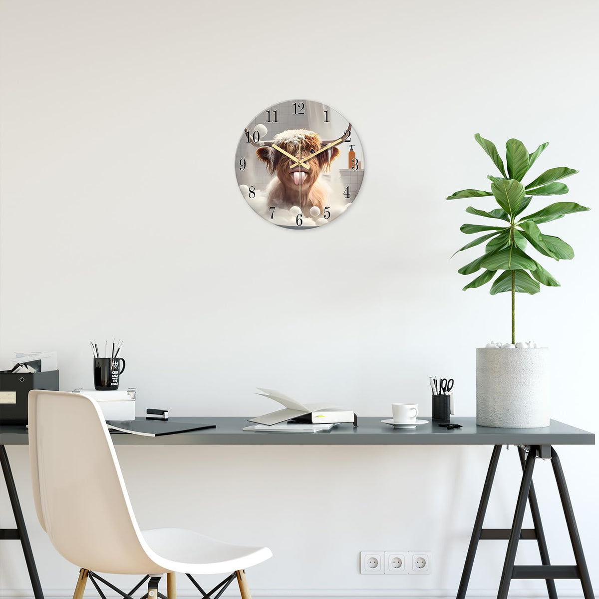 Rustic Brown Glass Wall Clocks Battery Operated 12 Inch Highland Cow Clock