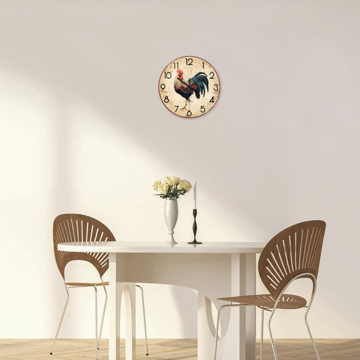 Round Rustic Wall Clocks for Kitchen Living Room Decor 12 Inch Glass Rooster Clock