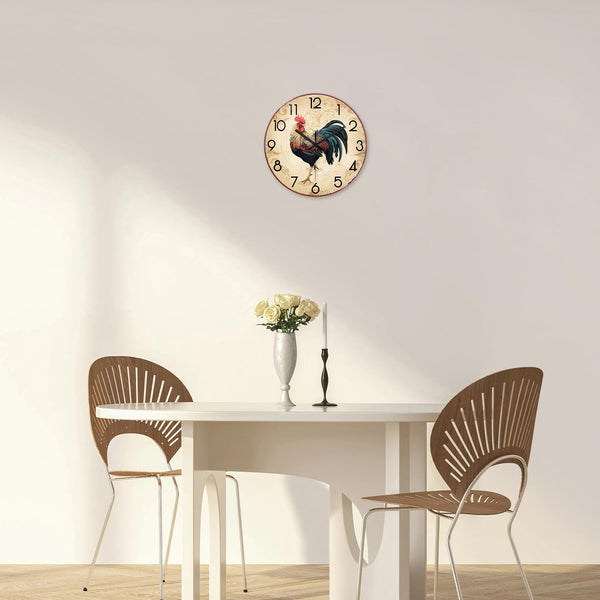 Round Rustic Wall Clocks for Kitchen Living Room Decor 12 Inch Glass Rooster Clock